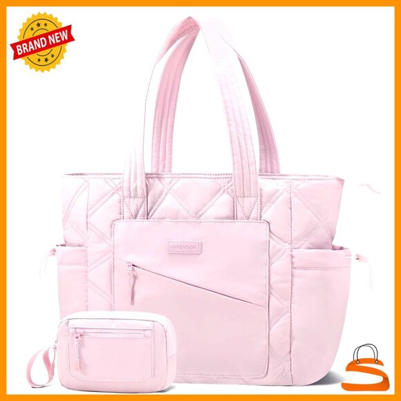 Handbags - Lightweight Quilted Tote Bag with Luggage Strap and Multiple Pockets